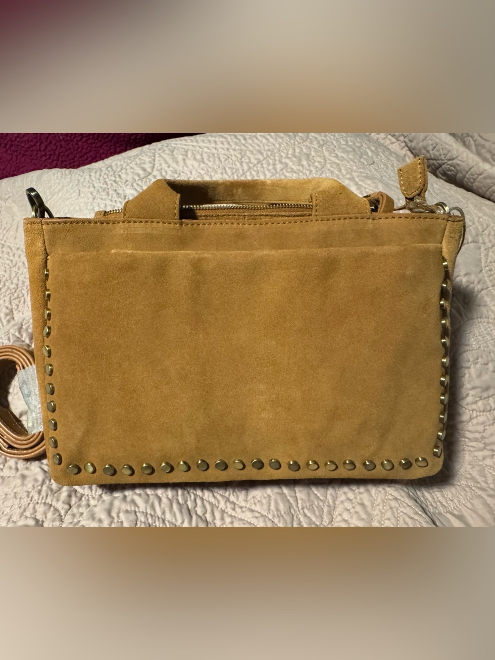 Suede Studded Crossbody Bag in Camel